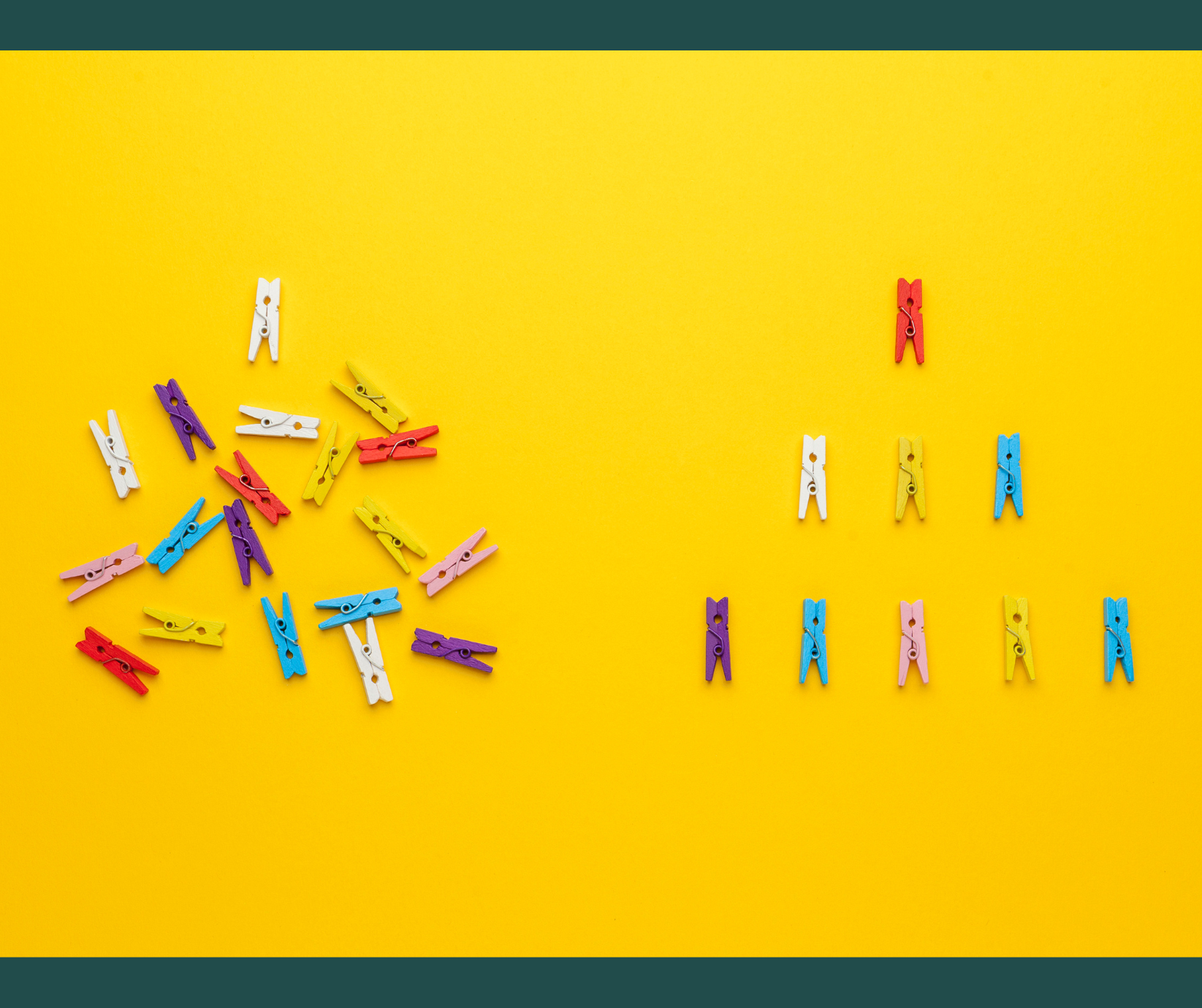 Colorful miniature clothespins on a bright yellow background, with a scattered pile on the left and a neatly organized arrangement on the right, illustrating the concept of organization and sorting.